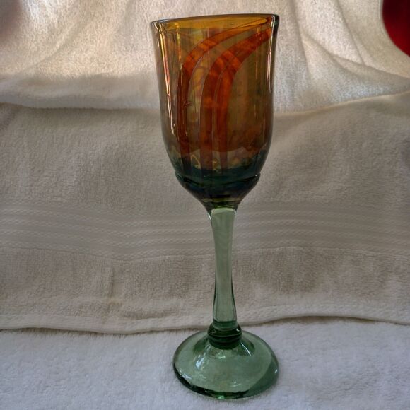 Talitha Horn 1982 Pulled feather art glass wine, Jackson Hole Wy, heavy 9 1/2" - Picture 1 of 11